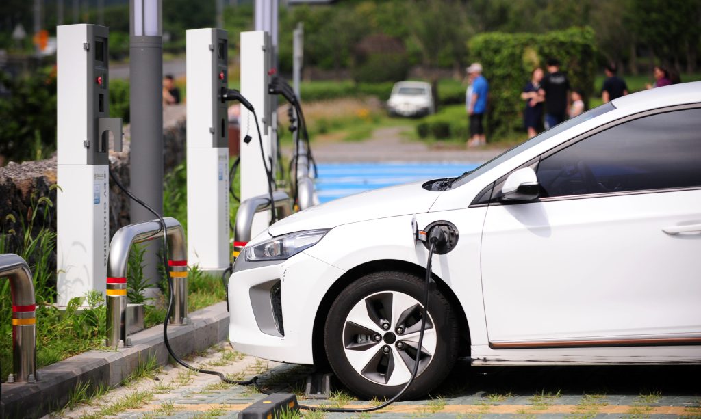 An electric vehicle parked.